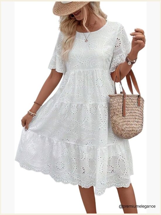 Dresses & Skirts - Lace Eyelet Short Sleeve Tiered Midi Dress Ruffle Hem Babydoll Style